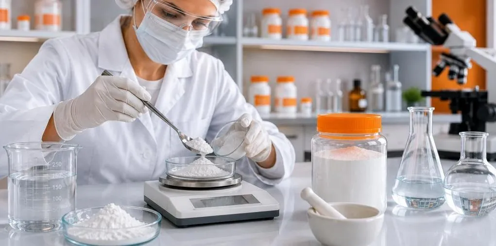 Técnica de laboratorio pesando un polvo blanco